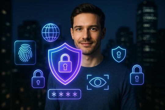Confident man with cyber security icons representing data protection and internet privacy concept in futuristic neon style on dark city background. Ai generative