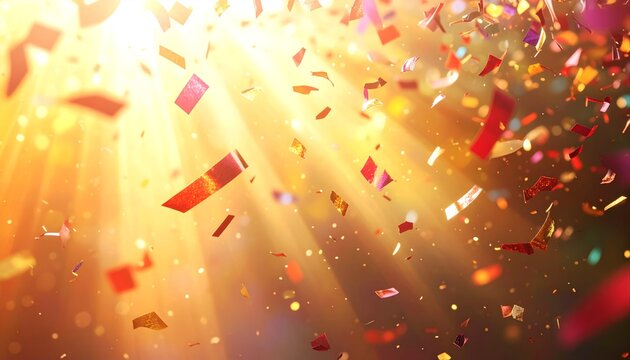 Vibrant Confetti Falling on Golden Light Background