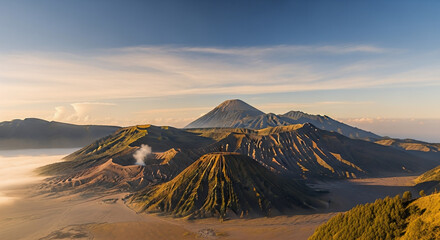 ealistic landscape photo of Mount Bromo at sunrise, mist covering the volcanic valley, golden light illuminating the mountain ridges, and a warm-toned clear sky capturing authentic Indonesian beauty.