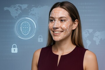 Smiling woman undergoing facial recognition scan with biometric security interface in digital technology concept on futuristic background screen. Ai generative