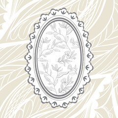 An elegant floral design featuring a central oval frame with intricate leaf patterns, surrounded by a delicate border. The background showcases subtle leaf motifs, creating a harmonious and sophistica