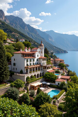 Fototapeta premium Mediterranean villa with pool and mountain lake view under bright sky