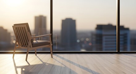 부드러운 햇살 아래 놓인 편안한 의자, 도시 배경으로 아늑한 분위기 연출