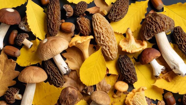 Close up of assorted edible mushrooms with golden leaves and acorns scattered across a dark surface for autumn harvest food display