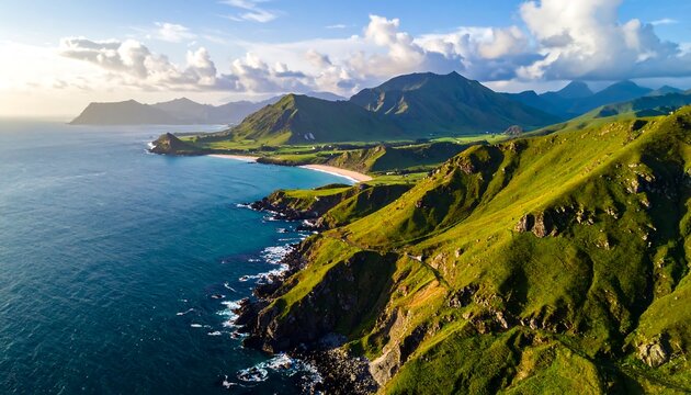 Verdant coastal landscape with rolling green hills meeting the ocean under a bright sky with fluffy clouds