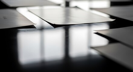 은은한 빛이 비치는 검은 테이블 위의 깔끔하게 정돈된 종이들