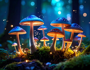 Magical mushrooms illuminated in a whimsical forest scene with glowing details