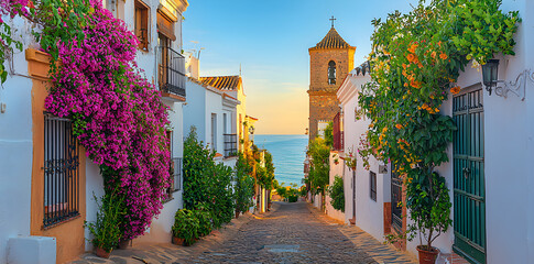 Panoramic view of Estepona, a charming Andalusian town in Malaga, Spain, featuring colorful flower-filled streets, Mediterranean architecture, and scenic coastal beauty along the Costa del Sol