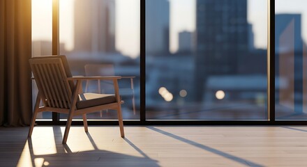 햇살 가득한 창가 옆 안락의자, 도시 풍경이 흐릿하게 펼쳐지는 편안한 공간