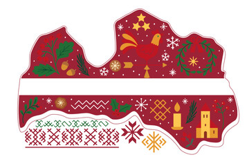 Stylized map of Latvia filled with winter folk symbols - rooster, candle, oak leaves in warm maroon, green, and gold tones celebrating Latvian independence and national heritage