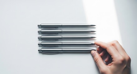 은색 펜들이 깔끔하게 정렬된 모습, 미니멀리즘 스타일로 세련된 느낌을 줍니다.