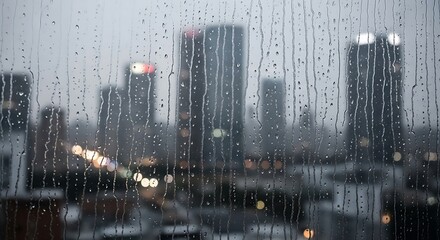 흐린 날씨에 창밖으로 보이는 도시 풍경, 빗방울이 차분하게 흘러내리다