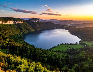 Aerial vista of a serene lake nestled amidst vibrant green forests and rolling hills at sunset