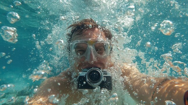 Snorkeler capturing underwater moments in a vibrant ocean setting during a sunny afternoon
