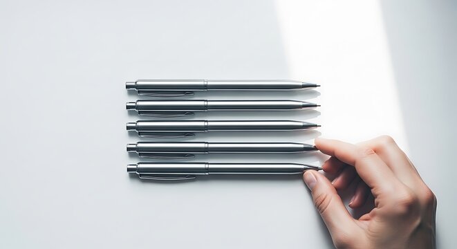은색 펜들이 깔끔하게 정렬된 모습, 미니멀리즘 스타일로 세련된 느낌을 줍니다.