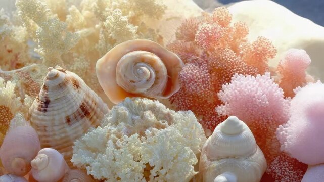 Assorted seashells and white coral forming a colorful, beachcomber-style display.