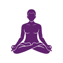 Silhouette of a person in a meditative yoga pose, purple color.