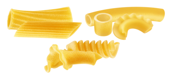 assortment of raw italian tubular and spiral pasta types isolated against a dark transparent background, featuring penne, rigatoni, ditali, and cavatappi.