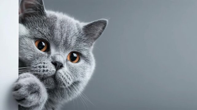 青灰色のブリティッシュショートヘア子猫が白い仕切りからのぞく室内、人物なし