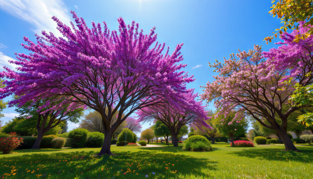 Blooming pink trees in sunny park with green grass and clear blue sky