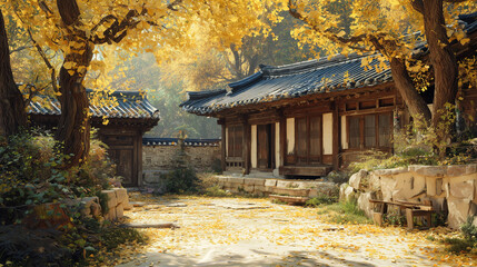 A hyper-realistic cinematic autumn scene showcases a traditional  house surrounded by golden ginkgo trees in full fall foliage, with soft sunlight filtering through yellow leaves