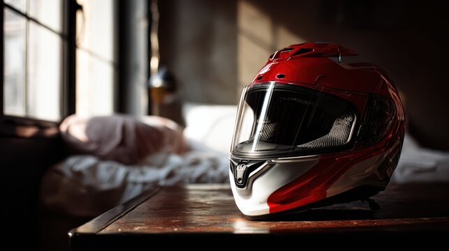 Glossy red motorcycle helmet resting on a wooden table in a cozy room during the afternoon light