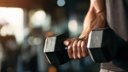 Strong grip on dumbbell during intense workout in gym showing dedication to fitness and strength training