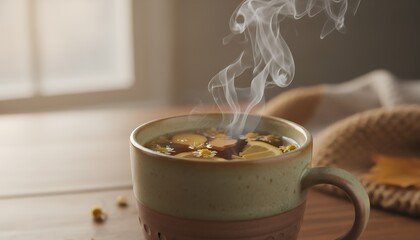Close-up of a warm beverage in a rustic mug, steam rising. Natural light illuminates the setting, enhancing the cozy feel
