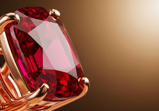 Luxury red gemstone ring close up with gold setting, faceted jewel macro on warm background with copy space