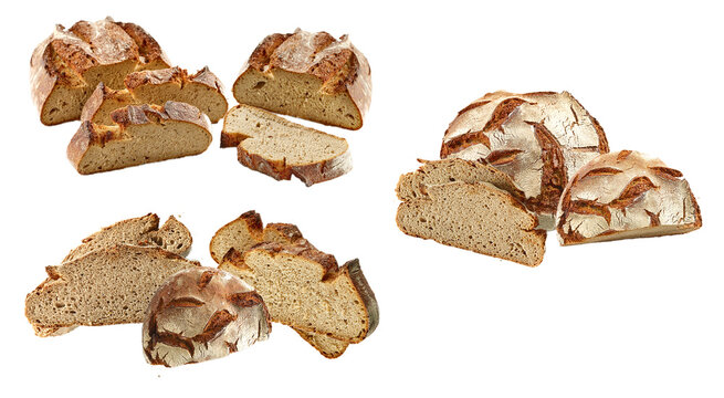 collection of rustic artisan whole grain and rye bread loaves, featuring rough crusts and thick sliced segments, isolated on a transparent background.