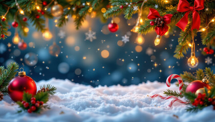 Christmas ornament red ball candy cane snow pine branch with festive lights and decoration