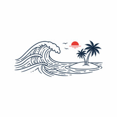 Line art illustration of a wave crashing near a tropical island with palm trees and a setting sun.