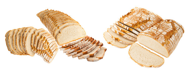 photograph of two large, long loaves of freshly baked white and rustic bread, thickly sliced and meticulously arranged in dense, overlapping stacks for display.