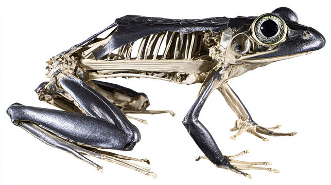 Shiny dissected frog specimen anatomical study with exposed muscle and skeleton, scientific and eerie mood
