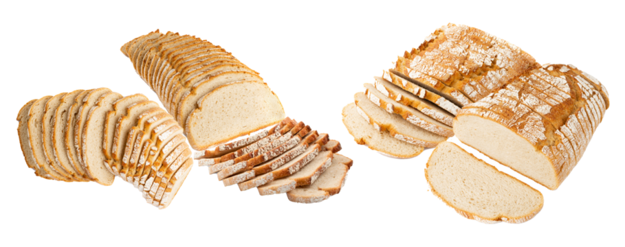 photograph of two large, long loaves of freshly baked white and rustic bread, thickly sliced and meticulously arranged in dense, overlapping stacks for display.