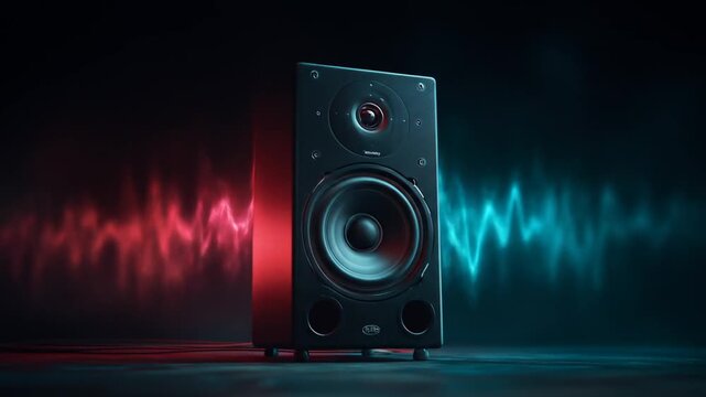 A black speaker projects sound waves in a red/blue gradient, evoking audio or music