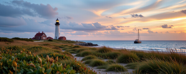 Lighthouse on coastal hill with sailboat at sunset creating calming and mindful atmosphere