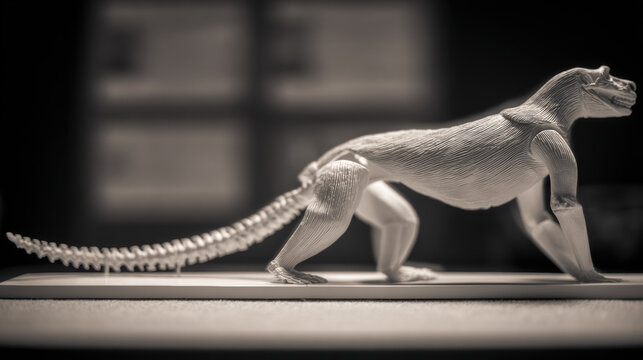 Monkey figurine model animal sculpture in monochrome displaying textured body and long segmented tail with dramatic lighting and soft bokeh