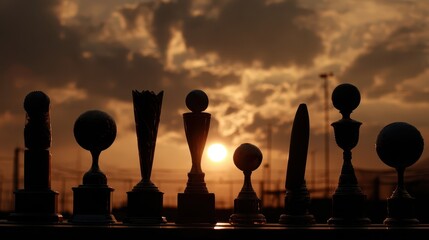 Trophies silhouetted against a sunset sky during an award ceremony in a sports field