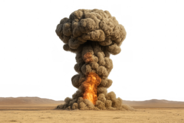 Massive mushroom cloud forming in desert landscape, showing explosion, destruction, and danger, transparent background