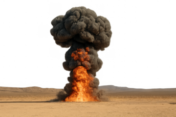 Atomic mushroom cloud explosion creating fire and dark smoke in a desert landscape with transparent background