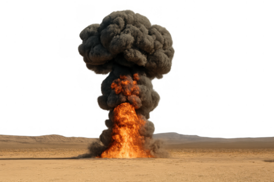Atomic mushroom cloud explosion creating fire and dark smoke in a desert landscape with transparent background