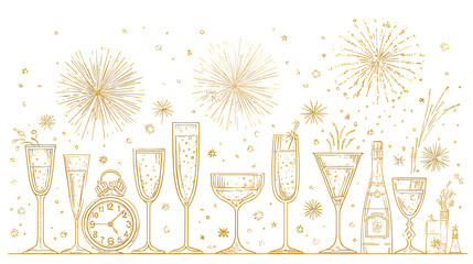 Festive Celebration with Glittering Fireworks and Varied Cocktails on New Year's Eve Night