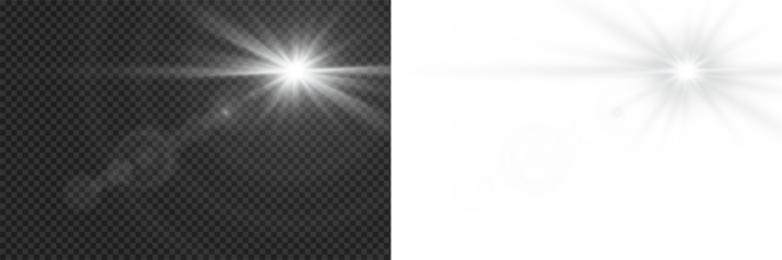 Realistic glowing white sunlight with radiant beam and sunrays, soft sunrise shine bright beams ethereal illumination effect on transparent png background
