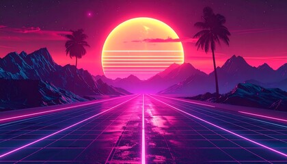 Vibrant, retro-futuristic vista magenta sky, glowing sun, palm trees, road with grid, and distant blue mountains
