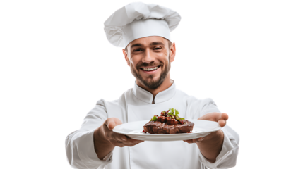Chef presenting a delicious gourmet dish with a broad smile in a professional kitchen setting