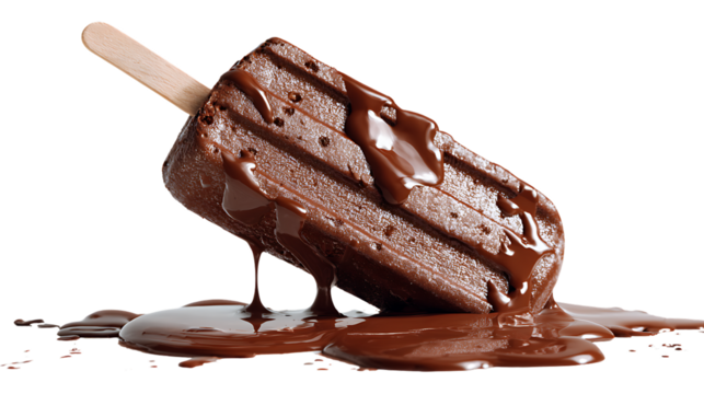 Delicious Chocolate Ice Cream Bar with Melted Chocolate Syrup on a White Background