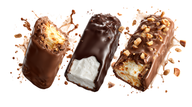 Assorted Chocolate Bars with Nuts and Cream Filling Surrounded by Splashing Chocolate and Ingredients