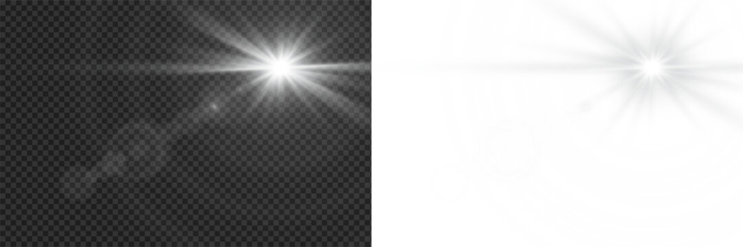 Realistic glowing white sunlight with radiant beam and sunrays, soft sunrise shine bright beams ethereal illumination effect on transparent png background - Powered by Adobe