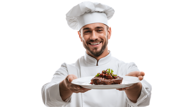 Chef presenting a delicious gourmet dish with a broad smile in a professional kitchen setting